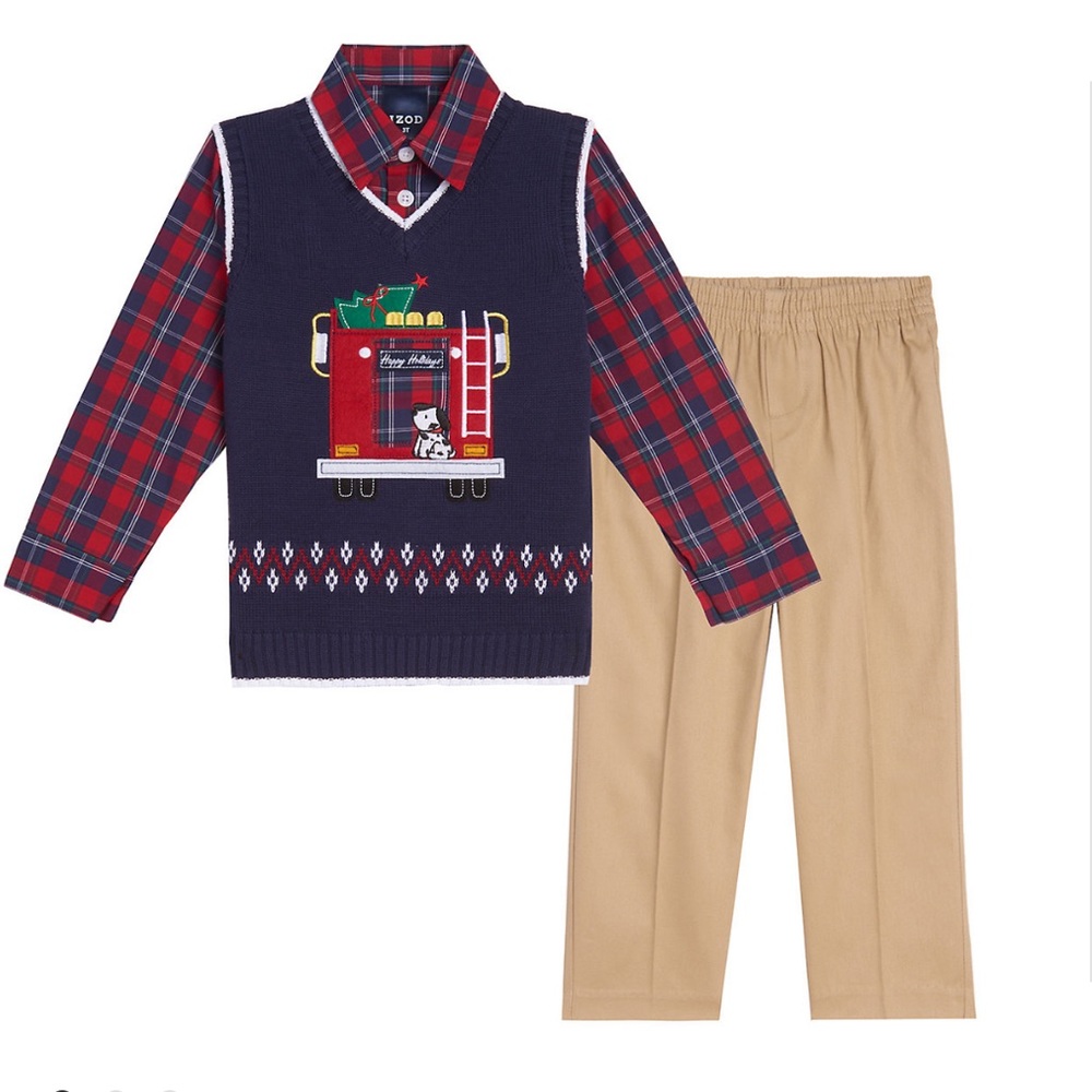 Baby Boy 👦🏻🎄 IZOD 3pc Firetruck Dog Sweater Vest Set. MSRP$54